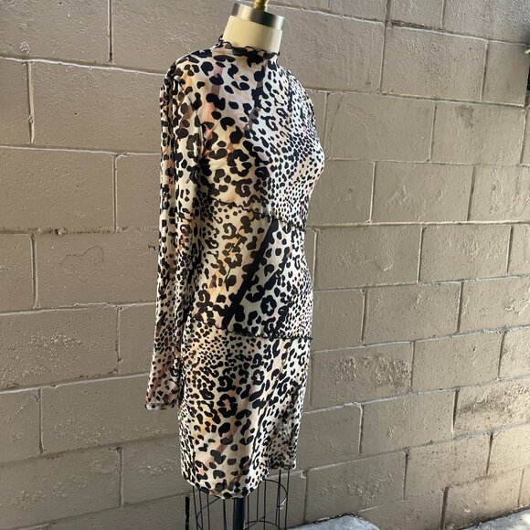 Guess leopard mesh long sleeve body con dress, XL - Picture 3 of 5